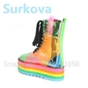 Boots Rainbow Sheepskin Fashion Women Height Increasing Transparent Female Pub Bar Short Mixed Color Party Ladies Shoes 231206