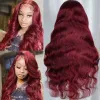 Perruque Lace Frontal Wig naturelle Body Wave bordeaux 99j, 30 pouces, perruque colorée sans colle rouge pour femmes, perruque Lace Frontal Hd rouge