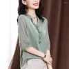 Damesblouses Korte mouwen Gegolfde kraag Los overhemd Damesmode V-hals Vijfpuntsmouwen Stiksel Eenvoudige blouse Trui Dames