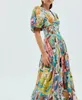 Australian designer linen abstract figure print V-neck short sleeve puff sleeve midi dress