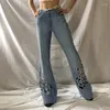Jeans femininos europeus e americanos roupas millennium cintura alta boot-cut calças bordados de flores