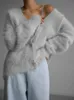 Femmes fourrure fausse élégante col en V Mohair doux Cardigan femmes en vrac solide à manches longues chaud en peluche pull manteau dame hiver Chic femme tricots 231206