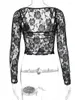 Women's T Shirts Women Hollow Out Lace T-shirts 2024 Long Sleeve See-through Slim Crop Tops Ladies Elegant Party Night Club Tees Black White