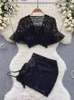 Work Dresses SINGREINY Hollow Out Lace Porn Nightsuits Ladies V Neck Short Sleeves Top Sensual Mini Skirt Korean Sheer Erotic Sexy Outfit