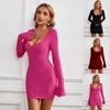 Abiti casual 2023 Autunno Inverno lavorato a maglia Slim Mini per le donne Sexy Low Cut Button maniche svasate Maglieria abito stretto Vestido Feminino