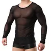 Polos pour hommes Maillot de corps pour hommes Vêtements gays Chemise en maille de nylon Voir à travers des manches longues transparentes T-shirts Chemise transparente sexy Sous-vêtements 231205