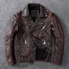 Men's Leather Faux Leather Vintage Brown Motorcycle Leather Jacket Men Natural Genuine Cowhide Jackets Autumn Slim Fit Biker's Ooblique Zipper Coat 231205