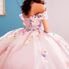 Sparkly Pink Quinceanera Dresses XV Ball Gown Lace Applique Flower Off the Shoulder Princess Sweet 16 Dress Birthday Party Vestido De 15