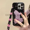 Étuis de téléphone portable Sacs de soirée Corée Mignon Dessin animé Rose Bow Lapin Jelly Black Phone Case Chaîne pour iPhone 15 14 13 11 12 Pro Max Mini 8 7 Plus XS Lanyard Cover J231216
