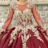 Luxury Red Shiny Sweet 16 Ball Long sleeved Gown Quinceanera Dress With Beads Crystal Appliques Lace Vestidos De 15 Anos Lace-Up