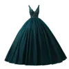 Shiny Dark Green Sequined Tulle Quinceanera Dresses Sexy Backless V Neck Ball Gown Evening Prom Gowns With Corset Back BM3506