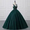 Shiny Dark Green Sequined Tulle Quinceanera Dresses Sexy Backless V Neck Ball Gown Evening Prom Gowns With Corset Back BM3506