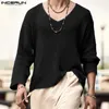 Men s Polos INCERUN Men T Shirt Solid Color Knitted V Neck Long Sleeve Casual Clothing Streetwear 2023 Hollow Out Loose Camisetas S 5XL 231206