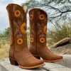 Boots WTEMPO Women Brown Embroidery PU Leather Printed Western Cowboy Deep V mouth High Tube Casual Classic Shoes 231206