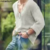 Men s Polos INCERUN Men T Shirt Solid Color Knitted V Neck Long Sleeve Casual Clothing Streetwear 2023 Hollow Out Loose Camisetas S 5XL 231206