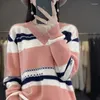 Women's Sweaters Autumn/Winter Cashmere Sweater V-Neck Pullover Casual Fashion Korean Contrast Top Merino Wool Clothing Knitted