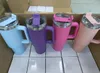 Ship From USA 1:1 same LOGO 40oz Hot Pink Mugs Stainless Steel Tumblers Mugs Cups Handle Straws Big Capacity Beer Water Bottles Camping with Clear/Frosted Lids u1207