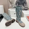 Kwaliteit designer laarzen x-letter Dames Denim Blauw denim Knielaars hoge Schoenen Platform Hak Leer Winter Herfst Rijden Cowboylaarzen Hakhoogte 5cm