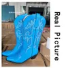 Stiefel Cowgirl Frauen Stickerei Kniehohe mittlere Wade Cowboy Slip On Spitz Zehen Candy Farbe Mode Schuhe Winter Western 231205