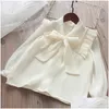 Camicie per bambini Camicette per ragazze Primavera Chiffon Manica lunga Preppy Carino Abiti in cotone beige Uniforme scolastica Vesidos 6 8 10 Consegna a domicilio Baby Dhsgi