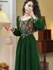 Casual Dresses Vintage France Green Velvet Floral Dress For Women Chic Auricular A-line Party Prom Robe Winter Spring Harajuku Clothes