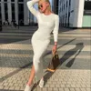 Urban Sexy Dresses Long Sleeve Knitted Dresses Women Winter Autumn Ribbed Bodycon Midi Dress Elegant Tight Long Sweater Dress Black Pink 231206