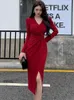 Urban Sexy Dresses Autumn Winter Red Knitted Long Dress Gown Women Elegant Bodycon Casual Dress Korean Vintage Luxury Evening Dress 231206