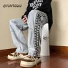 Woven Belt Jeans, Men's Autumn American Retro Oversize Pants, High Street Ins Trendy Loose Straight Leg Wide Leg Pants