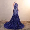 Royal Cascading Ruffles Blue Mermaid Prom Dresses Sequed Lace Flowers Halter Neck Backless Long Long Women Orvid Party Made Made BM3507