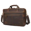 Bortkörningar Herrväska 17 "Inch Leather Bags Crazy Horse Laptop 15.6" Portfölj Male Portfolio Business 7389R-1