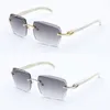 Designer Rimless Diamond Cut Lens Solglasögon Lentes de Sol Mujer Original White äkta naturliga hornglasögon Male och kvinnlig metallram Square Lens Eyewear New