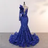 Royal Blue New Dark Green Mermaid Prom Dresses Sparkle Sheer Neck Sleeve paljetter Lace Appliques Ruffles Long Evening Gowns BM