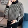 Männer Pullover Gefälschte Zwei Stücke Verdickte Winter Hemd Kragen Strickwaren Tausend-vogel Gitter Weiche Elastische Druck Casual Slim fit Warme Pullover Q231206