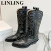 Boots Retro Genuine Leather Embroidered Cowboy for Women Chunky Heel Shoes Pointed Toe Vintage Classic Western Cowgirl 231206