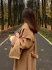 Women s Fur Faux Women Elegant Long Woolen Coat with Belt Autumn Winter Fashion Solid Sleeve Warm Outwear Office Ladies Casual Overcoat 2023 231206