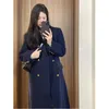 女性のウールブレンドネイビーブルーウールコート秋の冬の韓国スタイルハイエンド濃厚さのミッドレングス気質カレッジシック231206