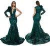 Nya Royal Blue Dark Green Mermaid Prom -klänningar Sparkle Sheer Neck Long Sleeve Sequins spetsapplikationer Ruffles långa aftonklänningar BM3500