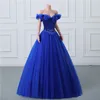 Vestido de fiesta de princesa azul real Vestidos de fiesta de noche Elegantes hombros descubiertos Cuentas Lentejuelas Volantes Vestidos de fiesta largos de tul Corsé Volver Dulce 15 vestidos de quinceañera