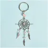 Nyckelringar Bohemian Dreamcatcher Keychain Metal Feather Pendum Keyring Natural Crystal Stone Pendant Handväska prydnad Acc Drop Delive Dhduo