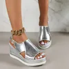 Sandals 2024 Cut Out Glitter Color Golden Silver Women Casual Wedges One Line Buckle Peep Toe Summer Beach