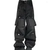 Jeans femininos americanos retro multi bolso para homens mulheres cintura alta solta perna larga calças retas personalizadas rua preto S-4XL