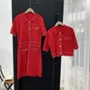 New Maje Knitted Dresses M Logo Metallic Buttons Red Color