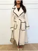 Kvinnorjackor Long Trench Coat for Women Grey Wool Blends Belted Open Stitch Overcoat Fashion Streetwear 2023 Autumn Winter Lady Elegant