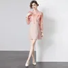 Bow Flowers Tie Up Party Dress French Designer Long Sleeve Woman Mesh Patchwork High Waist Formal Ballgown Dresses 2023 Spring Autumn Chic Slim A-Line Vacation Frocks