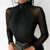 Kvinnor Blusar Spring Half High Collar Women Print Pullovers Casual Female Slim Fit Tight Black Tops Streetwear Basic Long Sleeve Blue