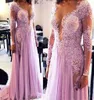 Robes de soirée rose robe de bal fête une ligne formelle col rond manches longues appliques paillettes perlées en mousseline de soie personnalisé grande taille fermeture éclair à lacets illusion nouveau