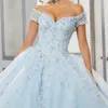 Hemelsblauw Glanzend Quinceanera Jurken Applique Kant Kristal Lovertjes Baljurk Uit De Schouder Met Cape Corset Vestidos Para XV Anos