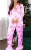 Women's Sleep Lounge 2 Piece Pyjama Set Plaid Floral Print Homesuit Chic Feather Long Sleeve Lapel Button Up Shirt Topps Pants Sleepwear Set 231207