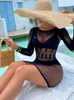 Casual Dresses Lingerie Diamond Long Sleeved Buttocks Mature Charm Elegant Wrapped Hollowed Out Mesh Clothing Sexy Dress 307W