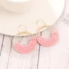 Boucles d'oreilles en raphia avec cerceau rond tissé à la main en métal pour femmes, bijoux à la mode